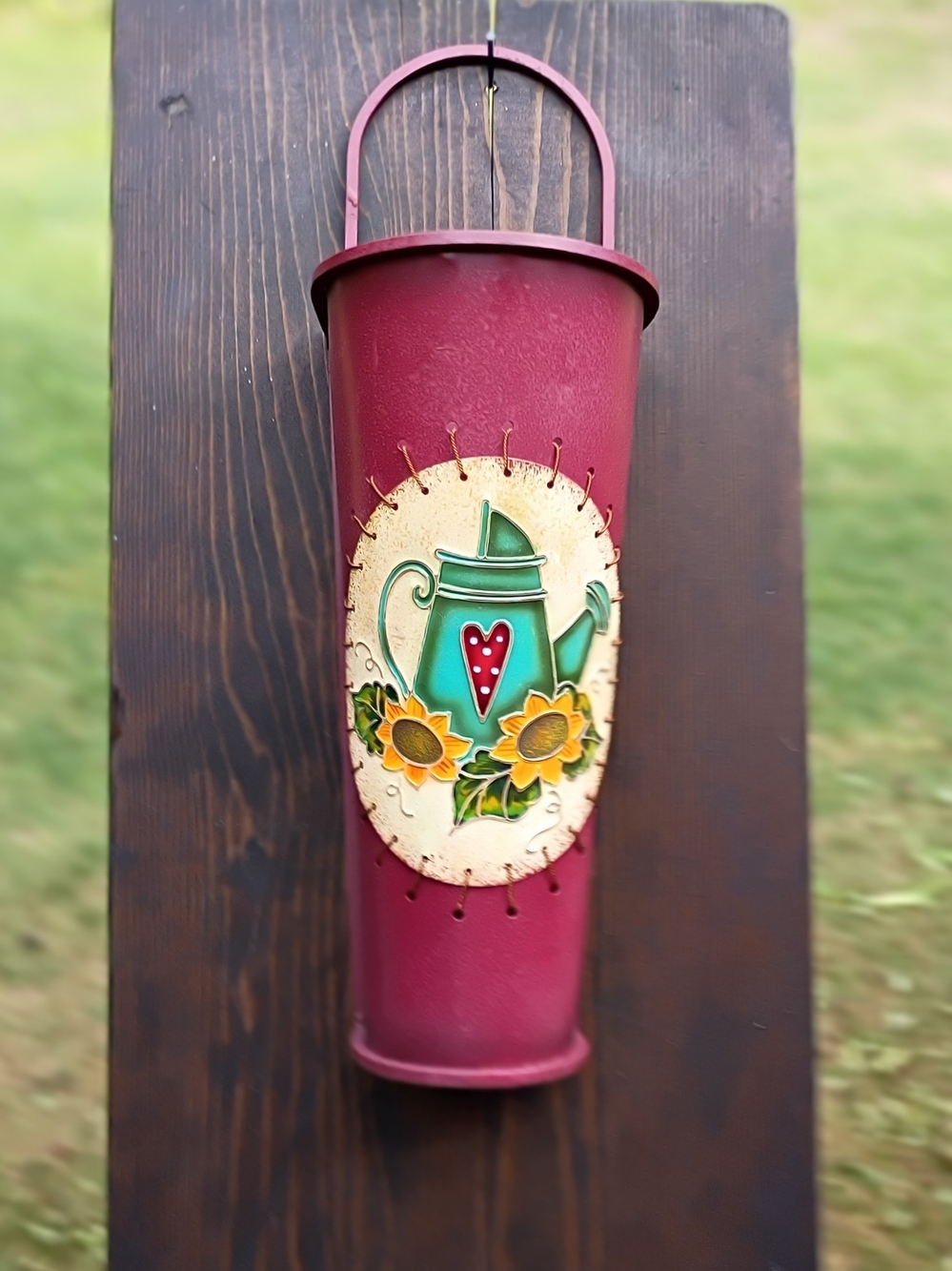 Decorative Hanging Metal Wall Pocket with Watering Can & Sunflowers - Burgundy